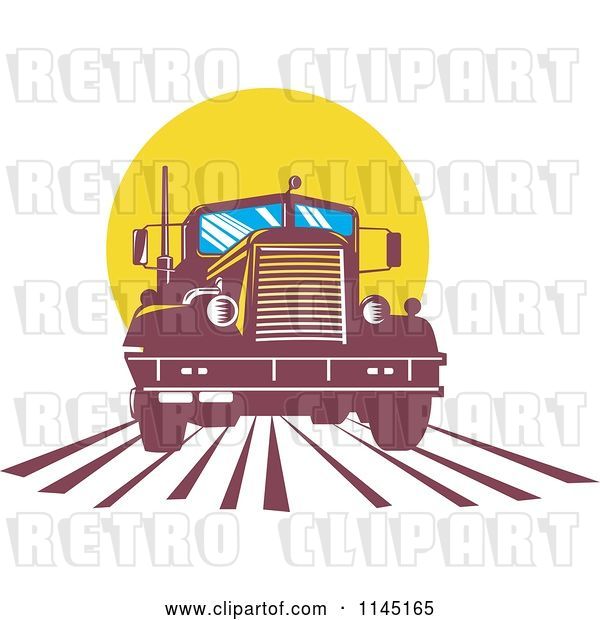 Vector Clip Art of Retro Big Rig Truck Against a Yellow Sun