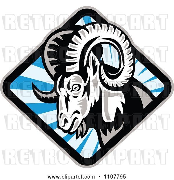 Vector Clip Art of Retro Bighorn Sheep in a Diamond of Blue Rays