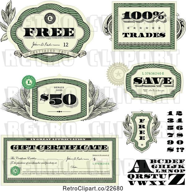 Vector Clip Art of Retro Bill Styled Retail and Gift Certficiate Designs