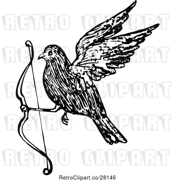 Vector Clip Art of Retro Bird Flying with a Bow