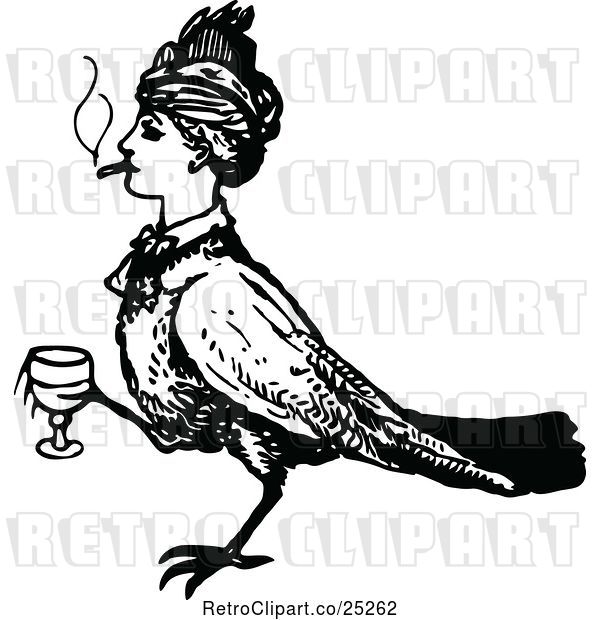 Vector Clip Art of Retro Bird Lady with a Cigarette and Wine