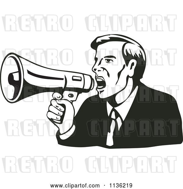 Vector Clip Art of Retro Black and Business Man Shouting into a Megaphone