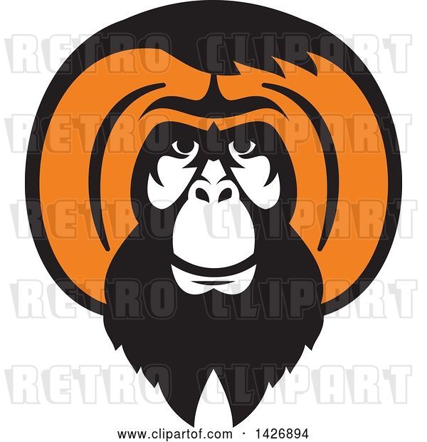 Vector Clip Art of Retro Black and Orange Orangutan Monkey Face