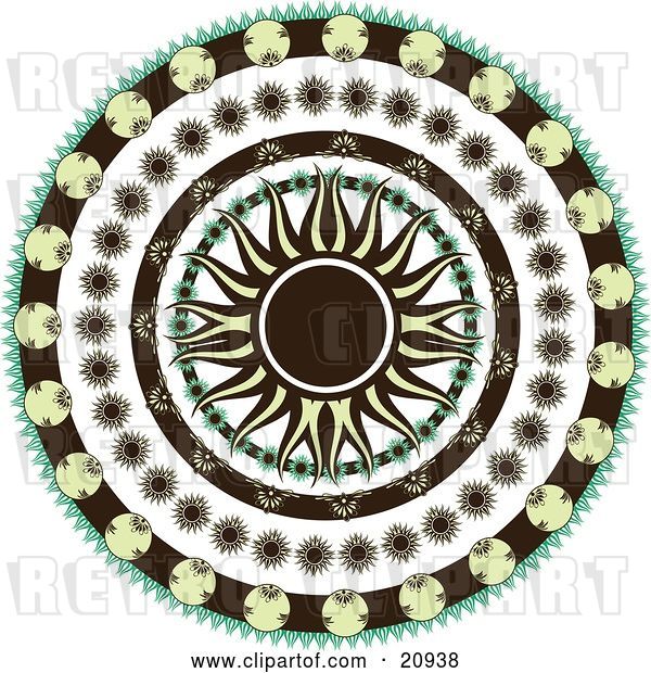 Vector Clip Art of Retro Black and Yellow Sun in the Center of a Circle of Floral Patterns over a White Background