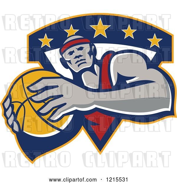 Vector Clip Art of Retro Black Basketball Player with a Ball over a Triangle with Stars