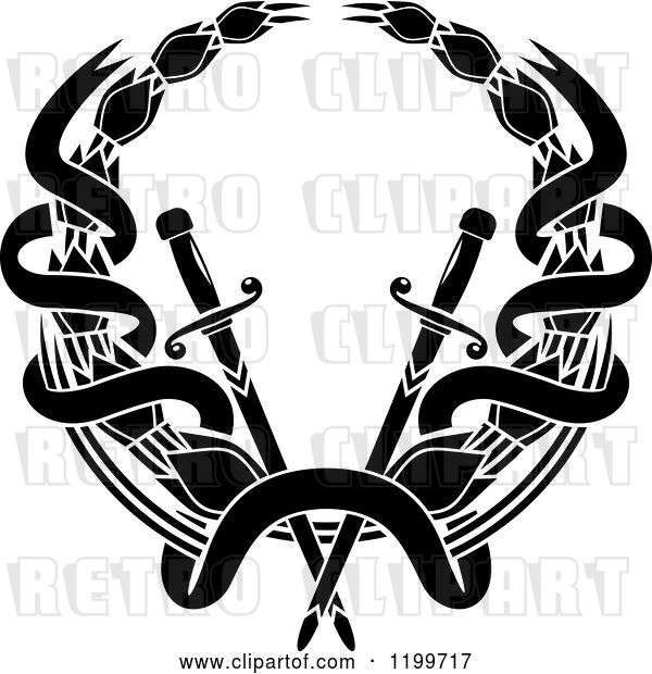 Vector Clip Art of Retro Black Laurel Wreath with Swords