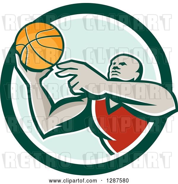 Vector Clip Art of Retro Black Male Gen Basketball Player Doing a Layup in a Green and White Circle