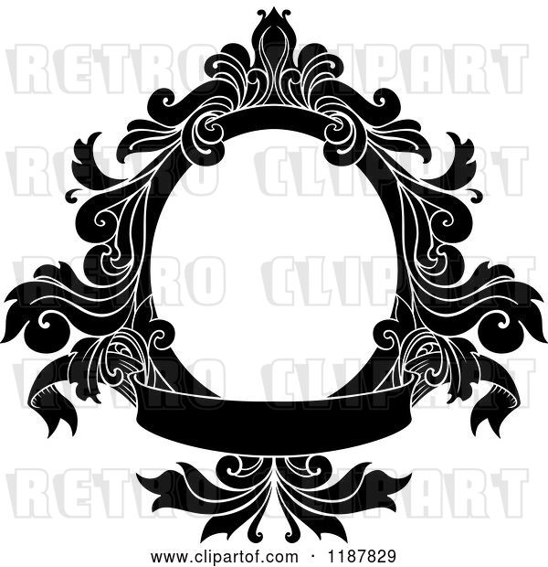 Vector Clip Art of Retro Black Oval Frame with Floral Leaves and a Banner