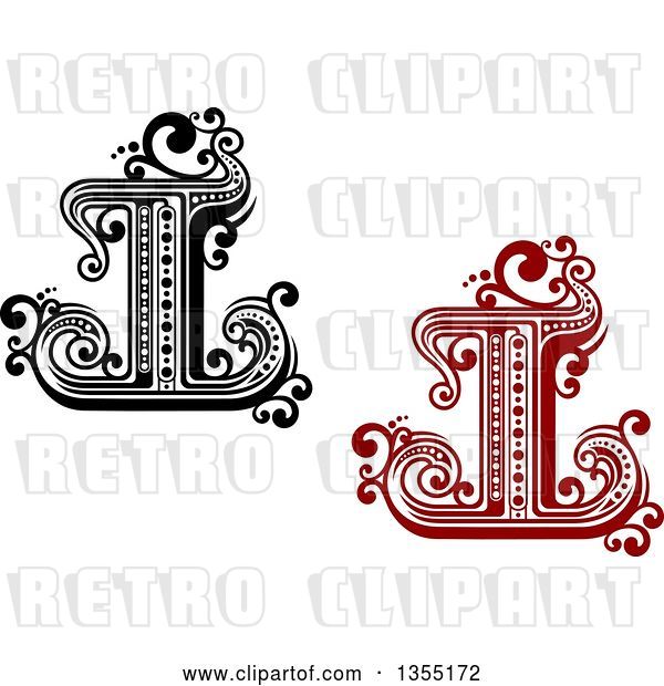 Vector Clip Art of Retro Black Red and White Capital Letter I Designs with Flourishes