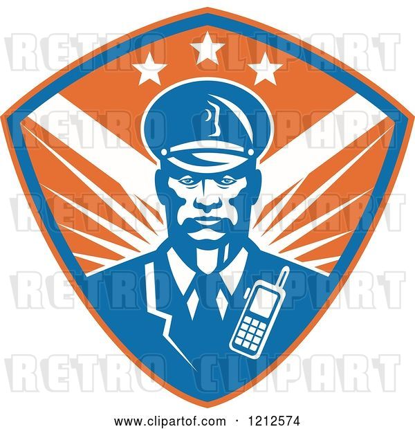 Vector Clip Art of Retro Black Security Guard over a Blue and Orange Shield