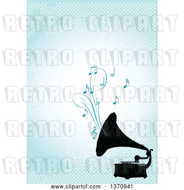 Vector Clip Art of Retro Black Silhouetted Gramophone Playing Music over a Blue Background with Dots