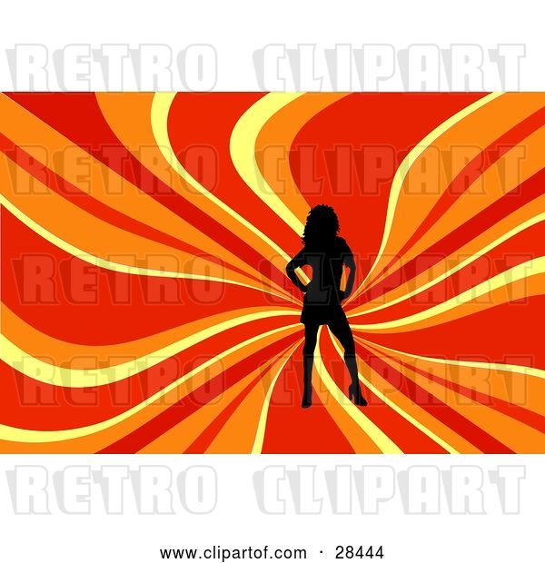 Vector Clip Art of Retro Black Silhouetted Lady Posing over a Wavy Red, Orange and Yellow Background