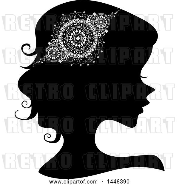 Vector Clip Art of Retro Black Silhouetted Profiled Lady Wearing a Doily Headdress