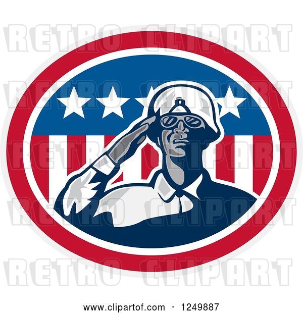Vector Clip Art of Retro Black Soldier Saluting in an American Oval