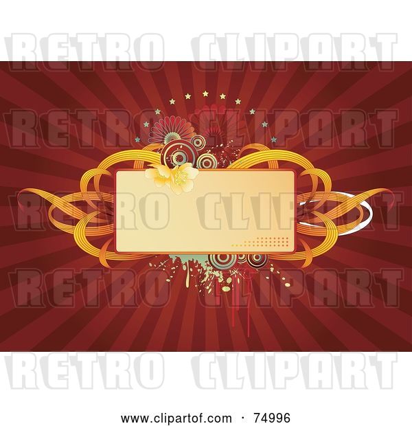 Vector Clip Art of Retro Blank Floral Text Box with Orange Ribbons and Grunge on a Red Burst