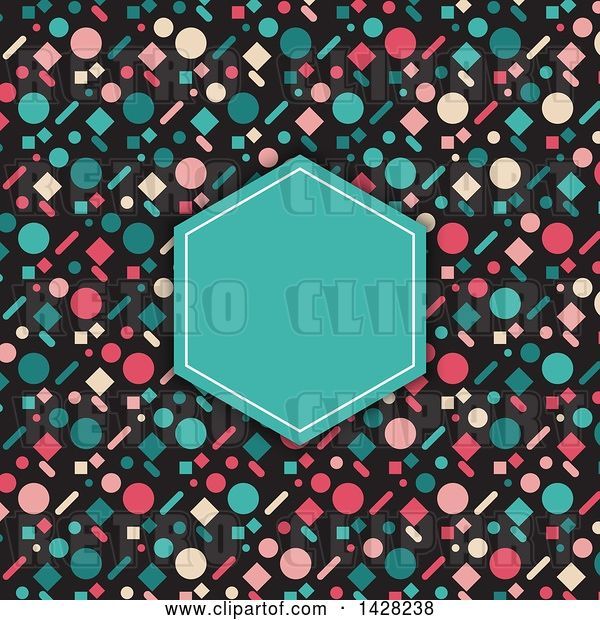Vector Clip Art of Retro Blank Turquoise Invitation Frame over a Colorful Pattern