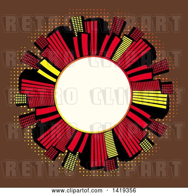 Vector Clip Art of Retro Blank White Round Frame Encircled with Red Black and Yellow Skyscrapers over Brown with Dots