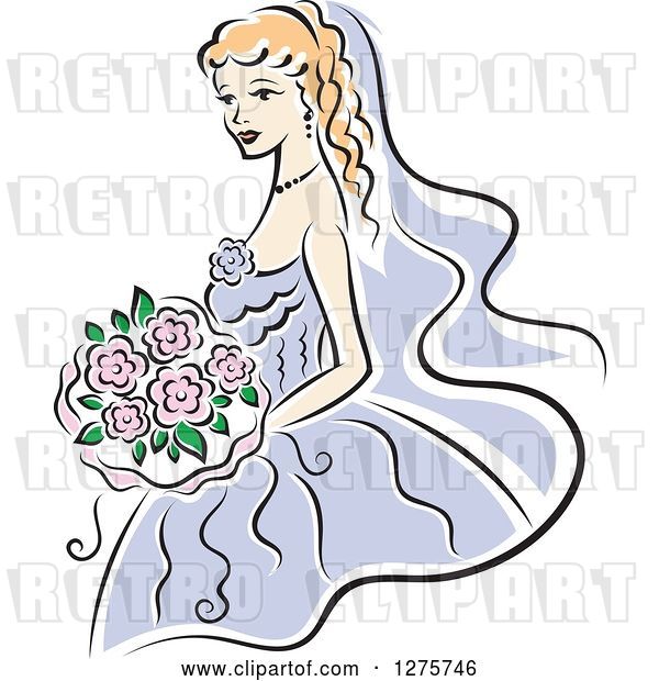 Vector Clip Art of Retro Blond Bride in a Periwinkle Dress, with Pink Flowers