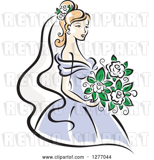 Vector Clip Art of Retro Blond Bride in a Periwinkle Dress, with White Flowers