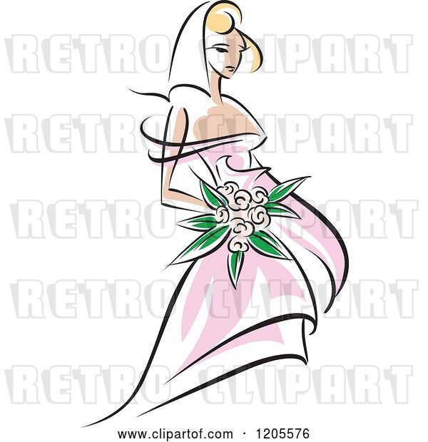 Vector Clip Art of Retro Blond Bride in a Pink Dress 2