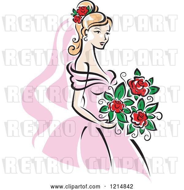 Vector Clip Art of Retro Blond Bride in a Pink Dress 4