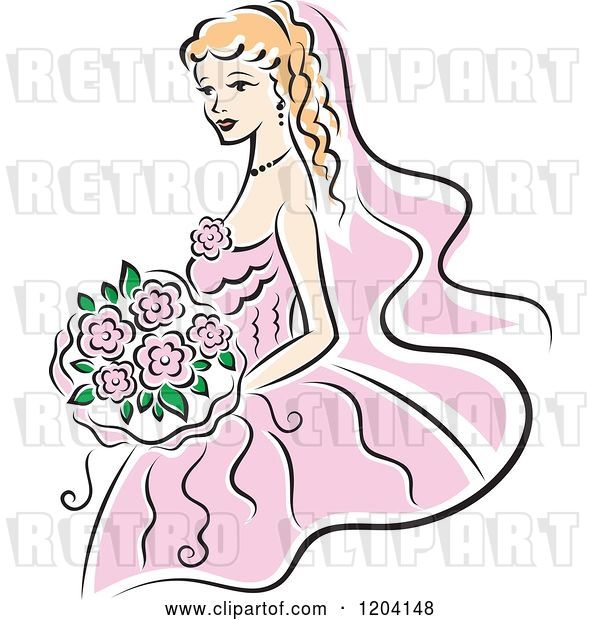 Vector Clip Art of Retro Blond Bride in a Pink Dress