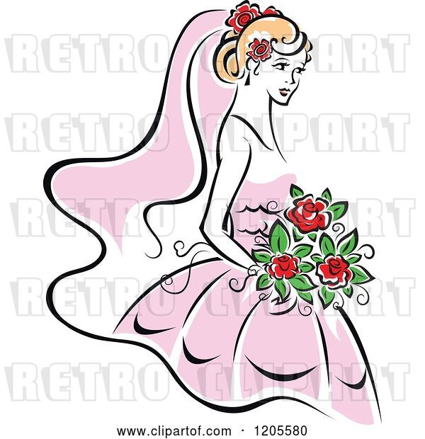 Vector Clip Art of Retro Blond Bride in a Pink Dress