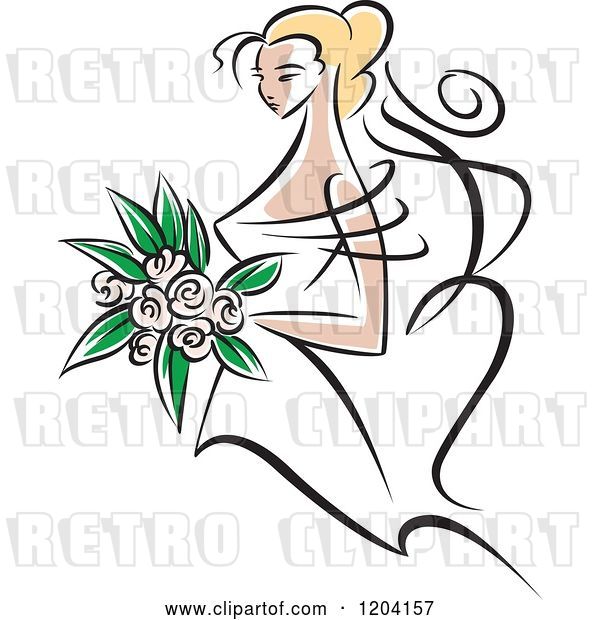 Vector Clip Art of Retro Blond Bride with Pink Flowers 2