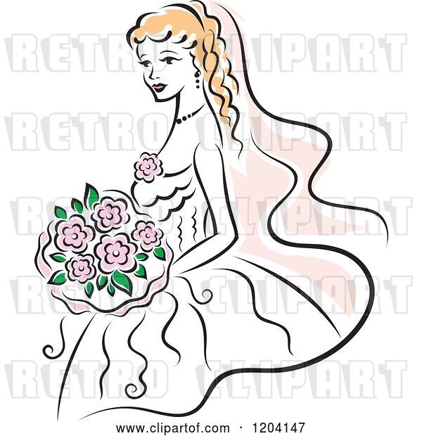 Vector Clip Art of Retro Blond Bride with Pink Flowers 3