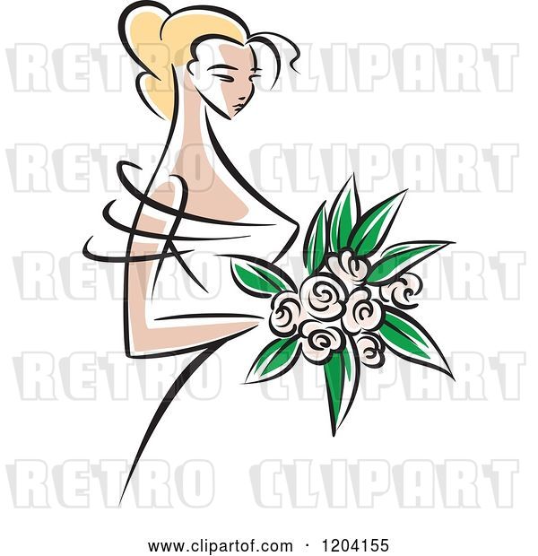 Vector Clip Art of Retro Blond Bride with Pink Flowers