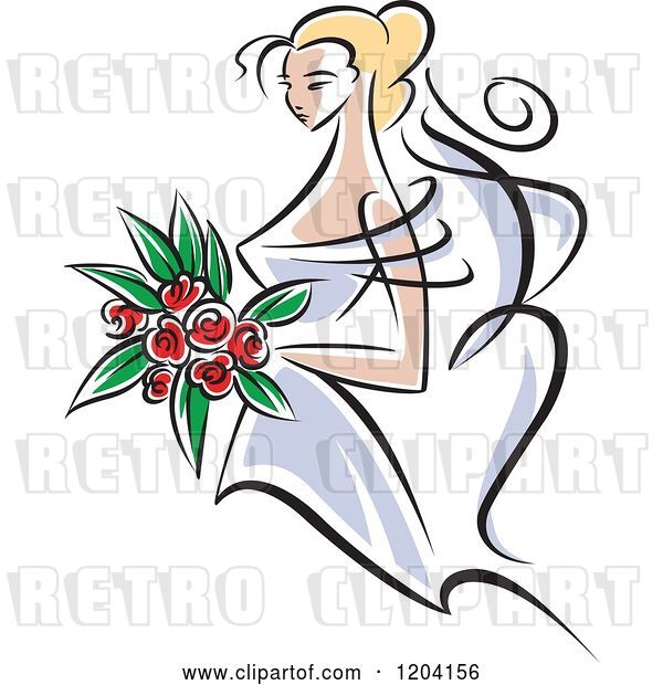 Vector Clip Art of Retro Blond Bride with Red Flowers