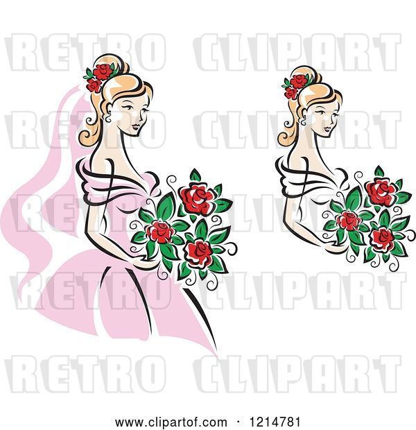 Vector Clip Art of Retro Blond Brides in Pink and White Dresses