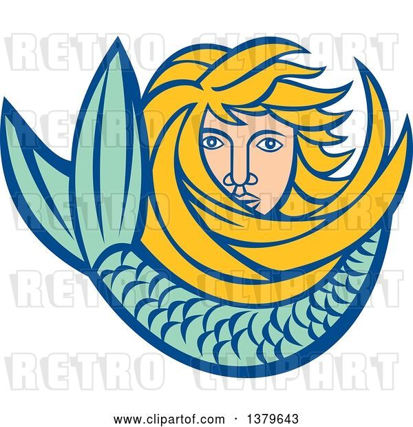 Vector Clip Art of Retro Blond Female Mermaid with Long Hair and a Tail