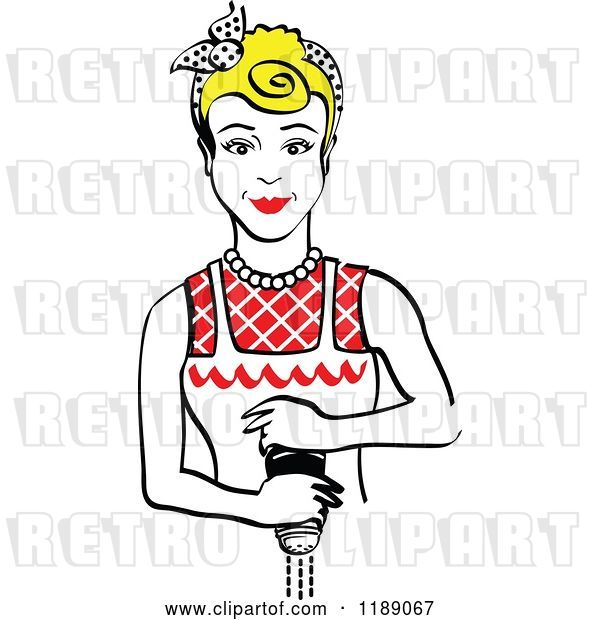 Vector Clip Art of Retro Blond Housewife or Maid Lady Grinding Fresh Pepper