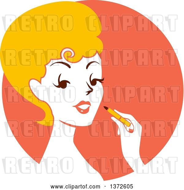 Vector Clip Art of Retro Blond Lady Applying Lipstick over an Orange Circle