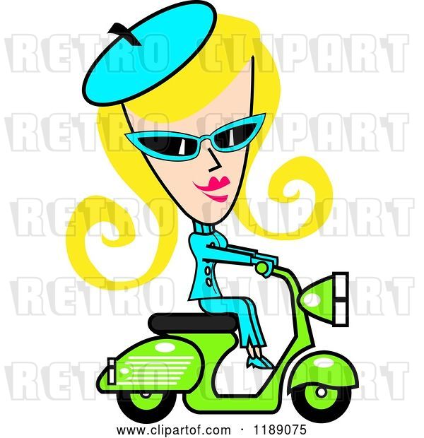 Vector Clip Art of Retro Blond Lady Dressed in Blue, Riding a Green Scooter