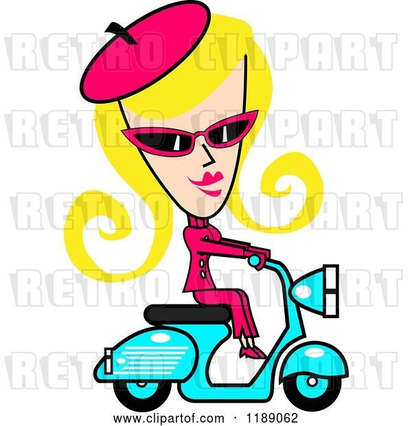 Vector Clip Art of Retro Blond Lady Dressed in Pink, Riding a Blue Scooter