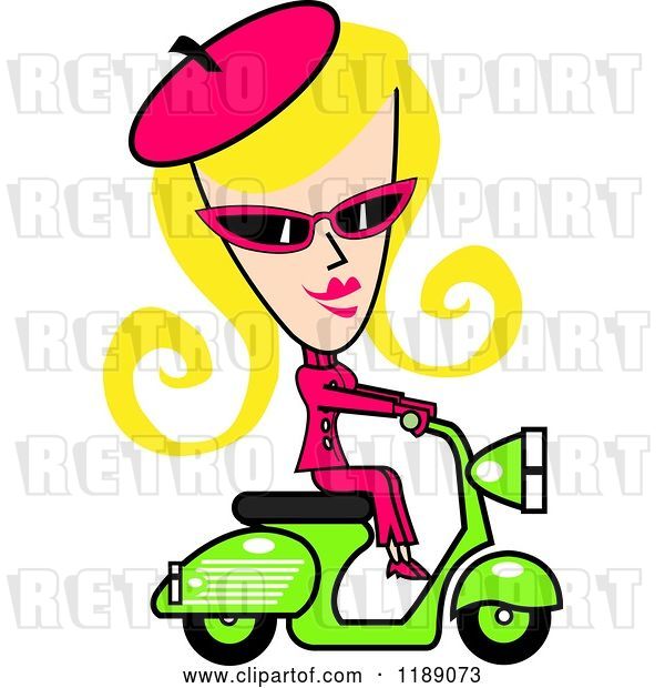 Vector Clip Art of Retro Blond Lady Dressed in Pink, Riding a Green Scooter