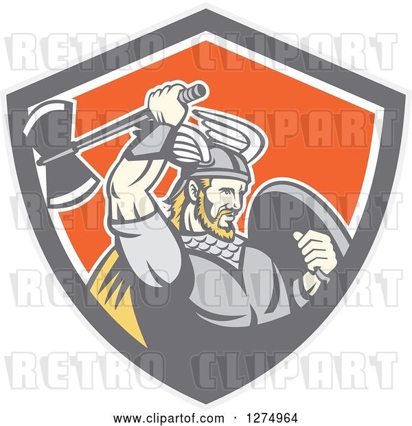 Vector Clip Art of Retro Blond Male Viking Warrior Swinging an Axe in a Gray Taupe White and Orange Shield