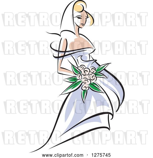 Vector Clip Art of Retro Blond White Bride in a Periwinkle Dress, with Pink Flowers