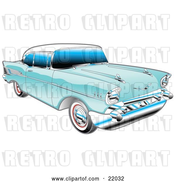 Vector Clip Art of Retro Blue 1957 Chevy Bel Air Car with a White Roof and Chrome Detailing
