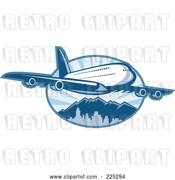 Vector Clip Art of Retro Blue Airplane over Mountains Logo
