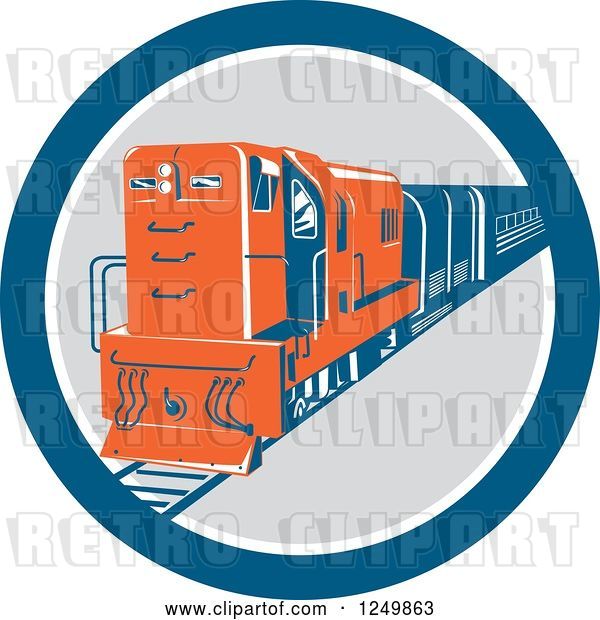 Vector Clip Art of Retro Blue and Orange Diesel Train in a Circle
