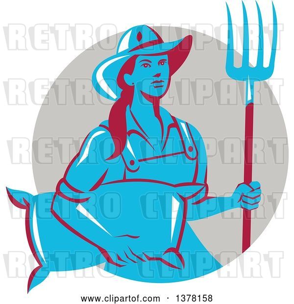 Vector Clip Art of Retro Blue and Red Female Farmer Carrying a Sack and a Pitchfork in a Taupe Circle
