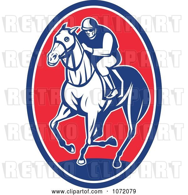 Vector Clip Art of Retro Blue and Red Jockey on Horseback Oval