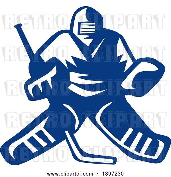 Vector Clip Art of Retro Blue and White Hockey Player Goalie