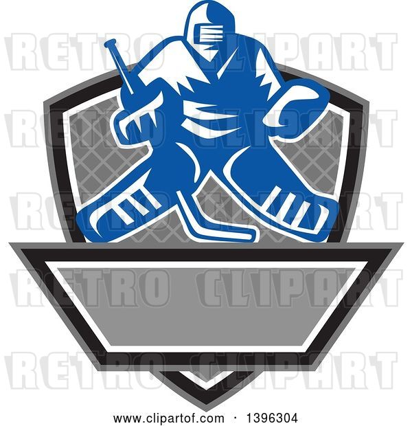 Vector Clip Art of Retro Blue and White Ice Hockey Goalie over a Net, Shield and Banner