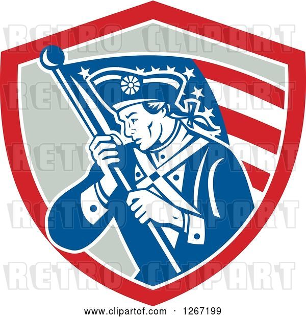 Vector Clip Art of Retro Blue and White Revolutionary Soldier with an American Flag in a Red and Gray Shield