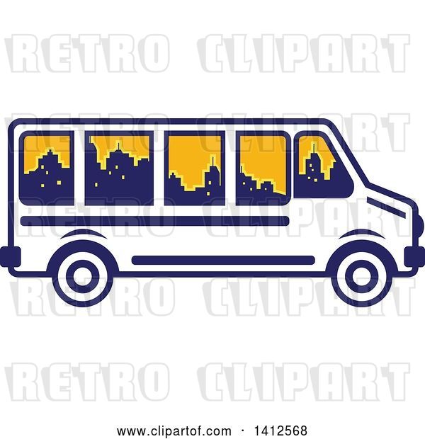 Vector Clip Art of Retro Blue and White Tour Bus with a City Skyline in the Windows