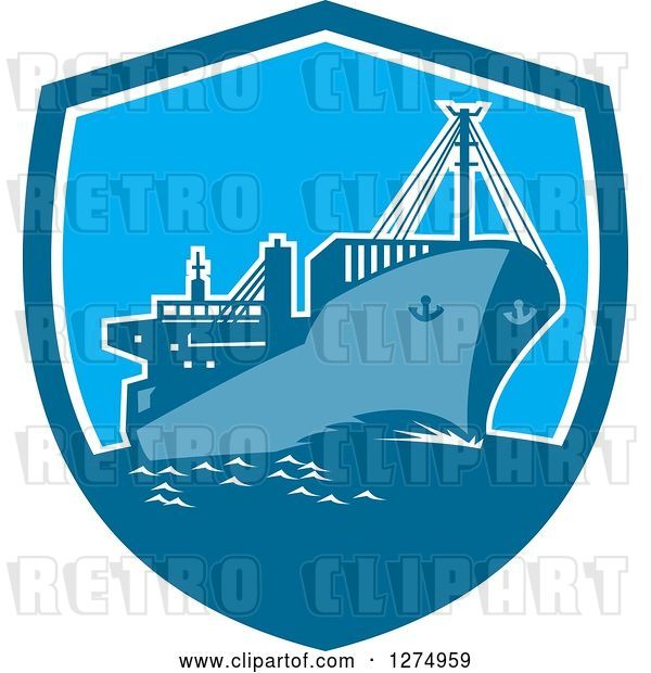 Vector Clip Art of Retro Blue Cargo Ship in a Shield